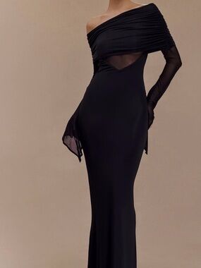 Meshki One-Shoulder Black Maxi Dress with Sheer Sleeve Detail